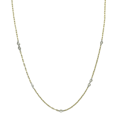 14 Karat Yellow Gold 7 Round Diamond Station Paperclip Necklace