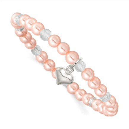 Sterling Silver Puffed Heart Pink Stretch Bracelet