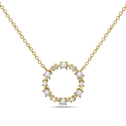 14k Yellow Gold Pearl and Diamond Circle Necklace