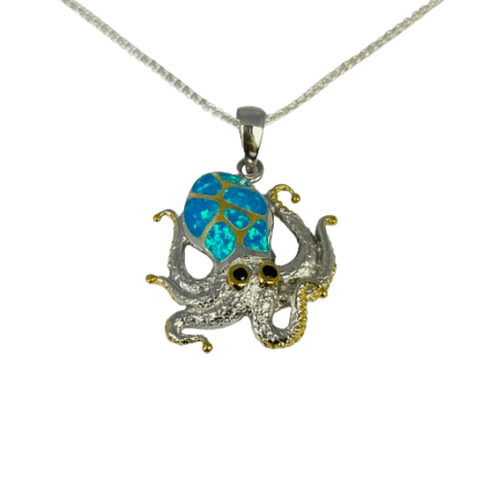 Kovel Sterling Silver with 14K Yellow Gold Crawling Octopus with Blue Opal Inlay