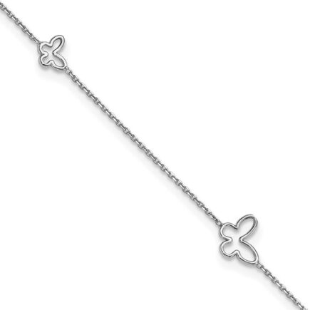 Sterling Silver Rhodium Plated Butterfly Anklet With 1" Extension