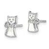 Sterling Silver Rhodium-plated Polished White Enameled Cat Children's Post Earrings - Image 2