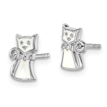 Sterling Silver Rhodium-plated Polished White Enameled Cat Children's Post Earrings