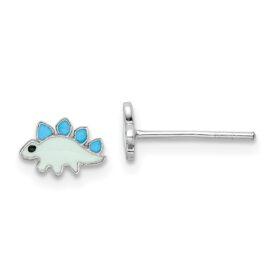 Sterling Silver Rhodium-plated Polished and Blue/Black Enameled Dinosaur Children's Post Earrings