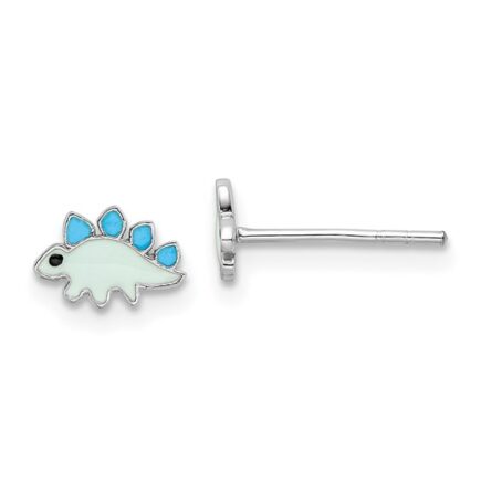 Sterling Silver Rhodium-plated Polished and Blue/Black Enameled Dinosaur Children's Post Earrings