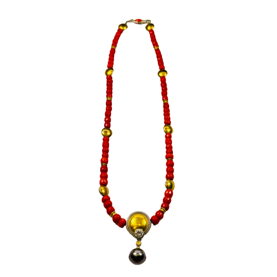 Antique 18K Platinum Coral, Tahitian Pearl, and Diamond Necklace