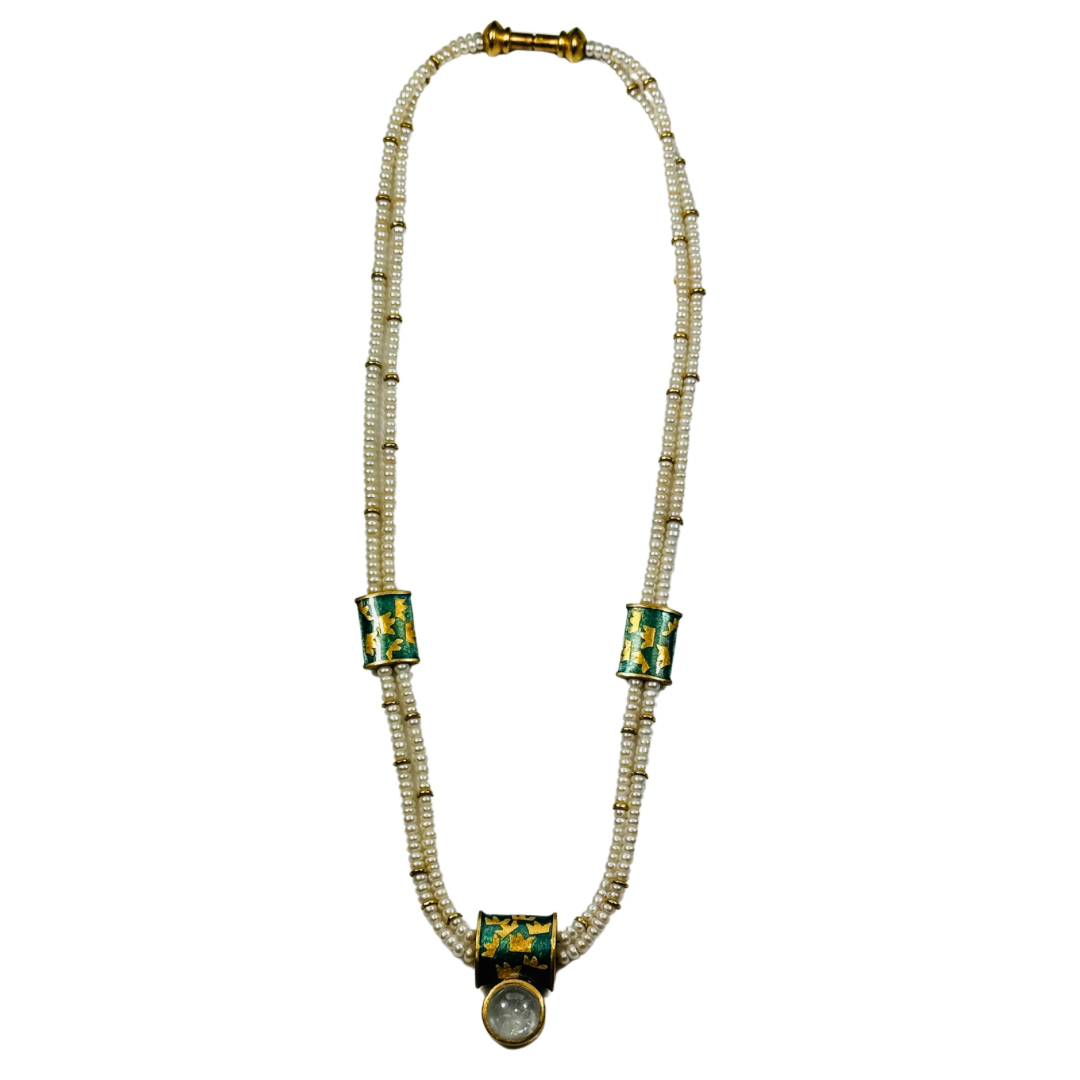 Antique 22K Gold Pearl Necklace with Blue Enamel