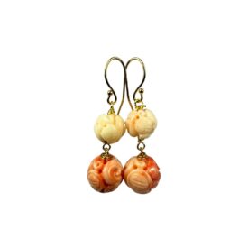 18ky Carved Coral Ball Earrings