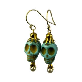18KY Turquoise Skull and Pearl Drop Earrings