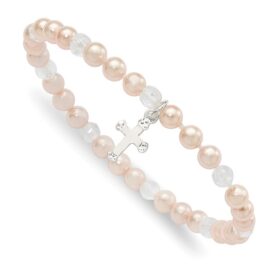 Sterling Silver Pink Shell Bead and Crystal Cross Children's Stretch Bracelet