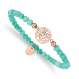 Stainless Steel Polished Rose IP-plated Tree of Life 4mm Mint Jade Beaded Stretch Bracelet