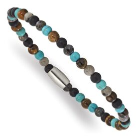 Stainless Steel Polished 5mm Spectrolite, Agate, Tiger's Eye and Howlite Beaded Stretch Bracelet