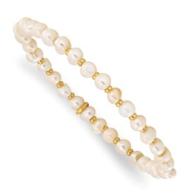 Stainless Steel Polished Yellow IP-plated 5.5mm Freshwater Cultured Pearl Beaded Stretch Bracelet