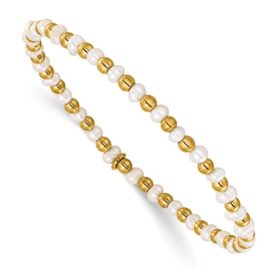 Stainless Steel Polished Yellow IP-plated 3mm White Freshwater Cultured Pearl Beaded Stretch Bracelet