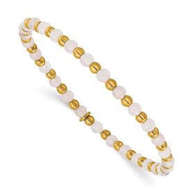 Stainless Steel Polished Yellow IP-plated 3mm Pink Quartz Beaded Stretch Bracelet