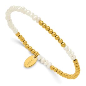 Stainless Steel Polished Yellow IP-plated 3mm White Freshwater Cultured Pearl Beaded Stretch Bracelet