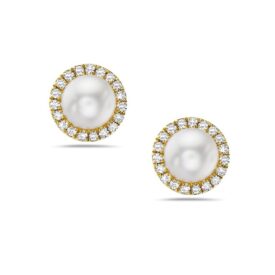 14KY Pearl and Diamond Halo Stud Earrings CTTW 0.08