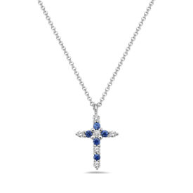 14KW 0.11 cttw Diamond and 0.13 cttw Sapphire Cross Necklace